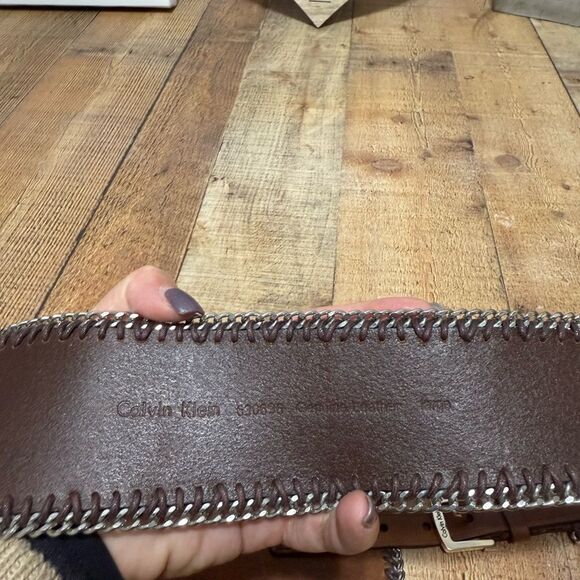 Calvin Klein Brown Leather Asymmetrical Wide Chain Trim Belt Size Large - Picture 6 of 11